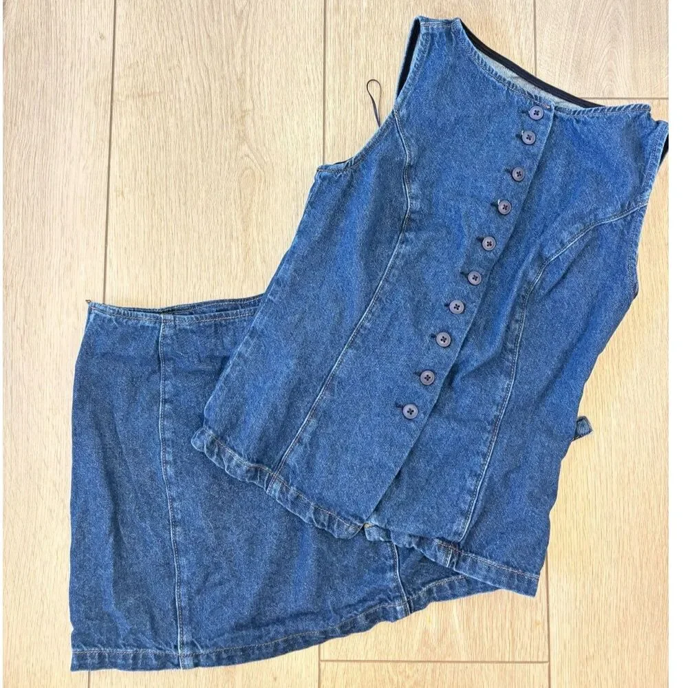 Reformation Lina Denim Two Piece Vest & Mini Skirt Set Size 4
